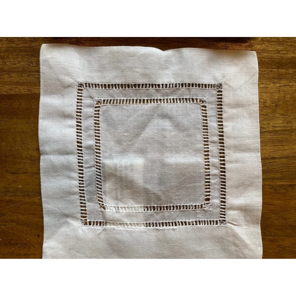 Peking Handicrafts‎ White Linen Cotton Hemstitch Cocktail Napkins Set of 12 6x6